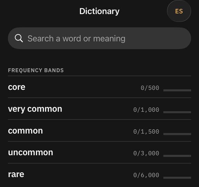 Dictionary screen for Spanish: a search field and five frequency bands, core to rare, each with the count of words held at the threshold.